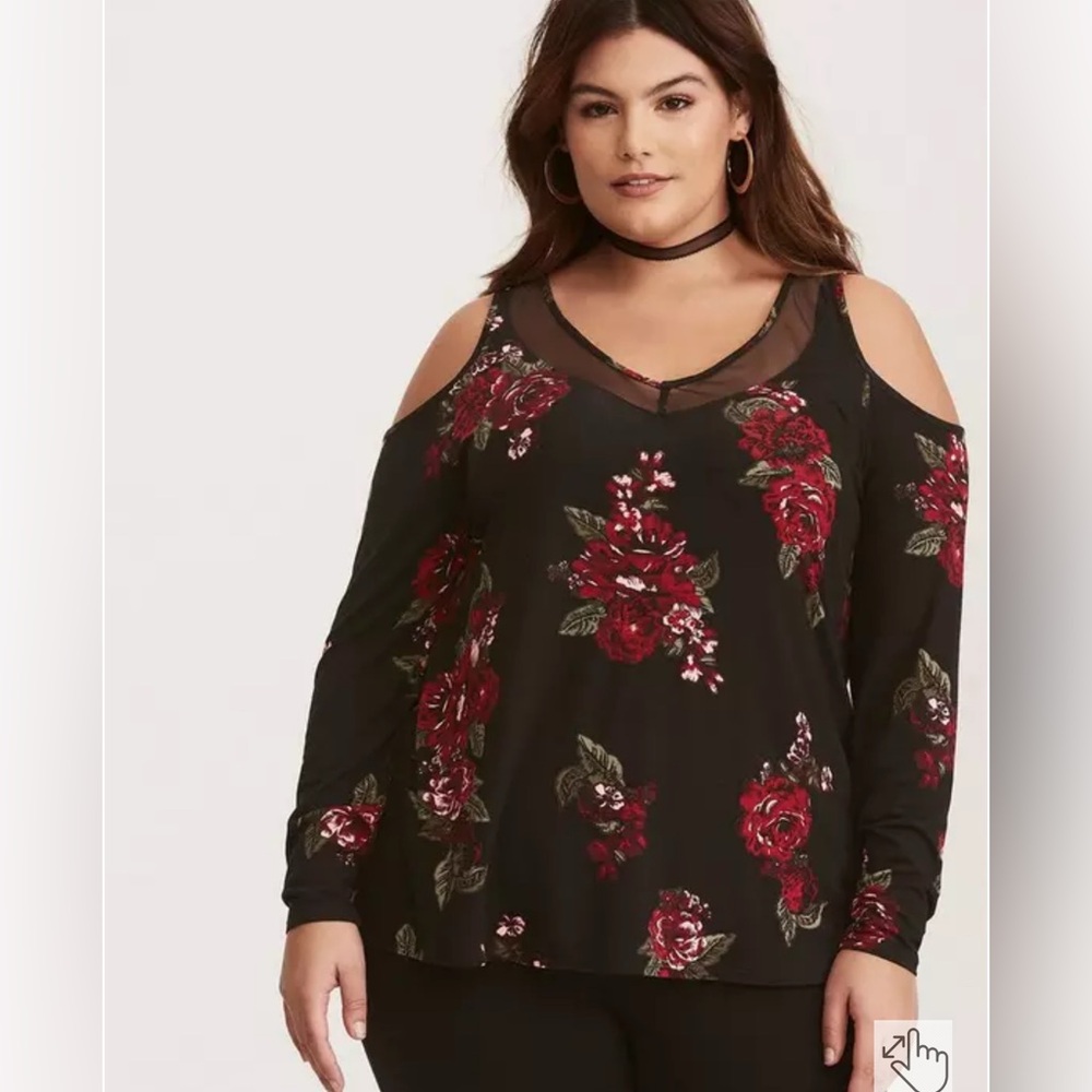 Torrid Floral Print Mesh Inset Cold Shoulder Top